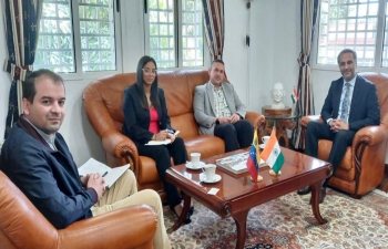 Amb. Abhishek Singh received H.E. Leonardo Graterol, Vice Minister for Gas and other members of the delegation going for the India Energy Week 2023 to be held in Bengaluru. This delegation is visiting after the recent Ministerial Level participation of Venezuela in the Energy Minister segment of the Voice of Global South Summit hosted by India.
